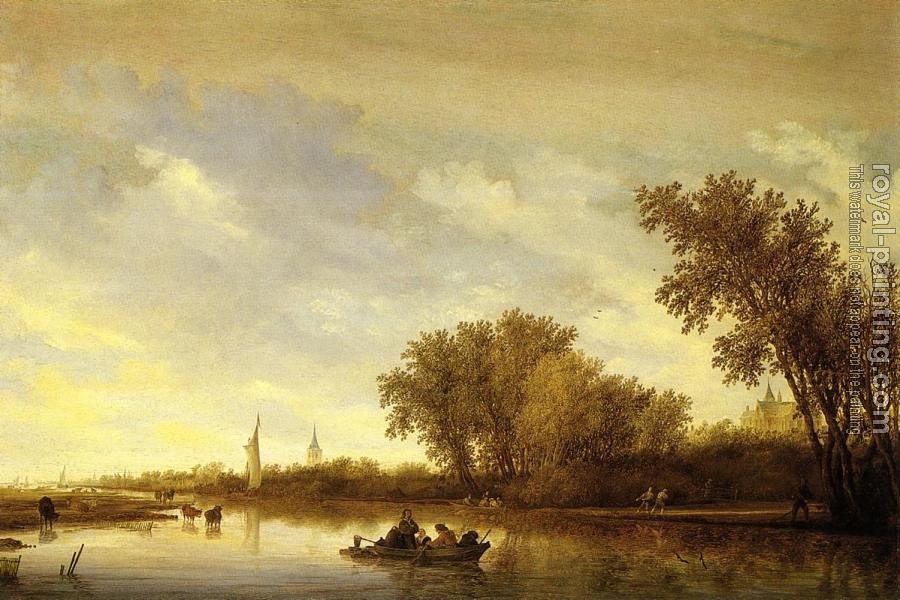 Salomon Van Ruysdael : A River Landscape with Boats and Chateau
